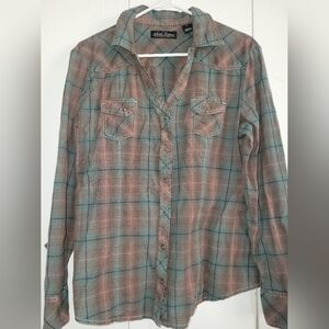 Women's Plaid Button-Up Shirt in Teal & Rust